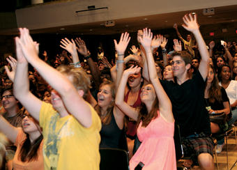 An enthusiastic audience of first-years participate in last year’s Class Act in Alfred Lerner Hall. Photo: Char Smullyan